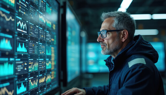 Engineer operates SCADA system, controls high-tech environment. Man monitors graphs, charts on screens array, checks industrial automation, electronic infrastructure. pro analyzes processes on