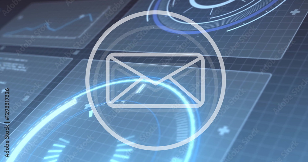 Poster image of data processing over screens on blue background