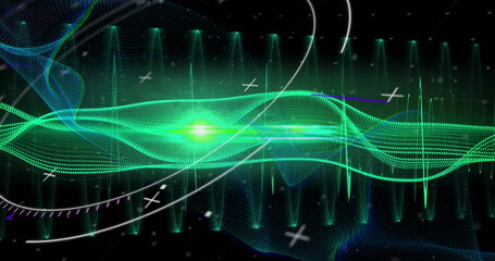 Image of data processing and glowing light trails on blue background