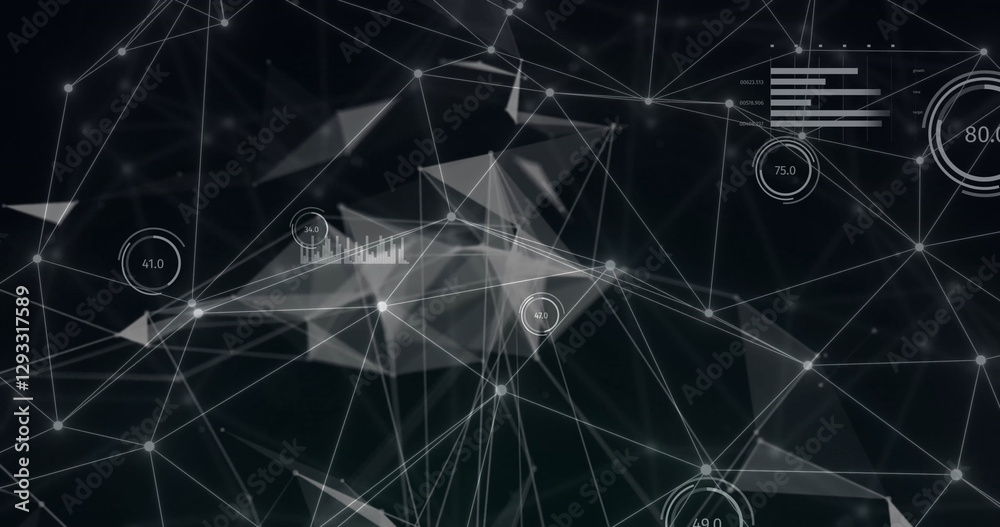 Poster image of network of connections with data processing on black background
