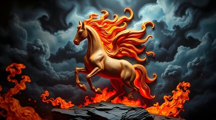 Fire horse amidst hot volcanoes and dark clouds