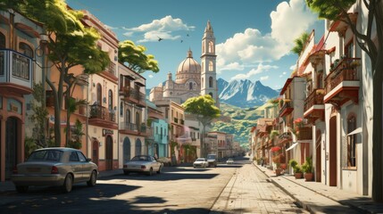 Fototapeta premium Vibrant 3D Cartoon Scene of Santa Rosa in Lima with Scenic Mountains
