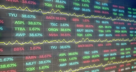 Image of financial data processing over sky with clouds