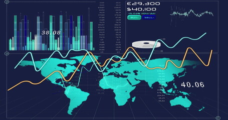 Image of world map and data processing over diagrams