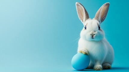 Fototapeta premium Adorable white easter bunny with blue painted egg on soft pastel blue background, festive spring holiday theme, cute rabbit symbolizing easter celebration, seasonal decoration and easter greeting card