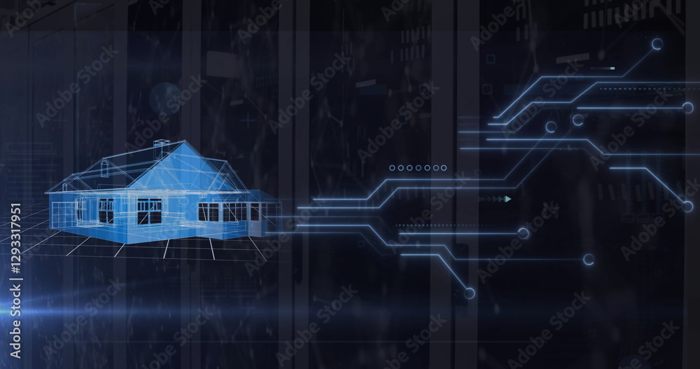 Poster image of house and digital data processing over computer servers