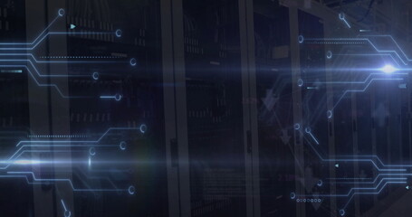 Image of digital data processing with circuit board over computer servers