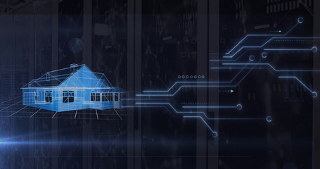 Image of house and digital data processing over computer servers