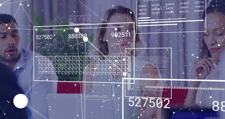 Image of financial data processing over diverse business people in office