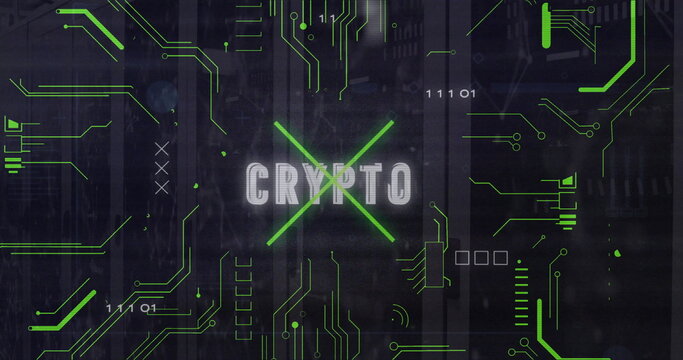 Image of crypto text and digital data processing over computer servers