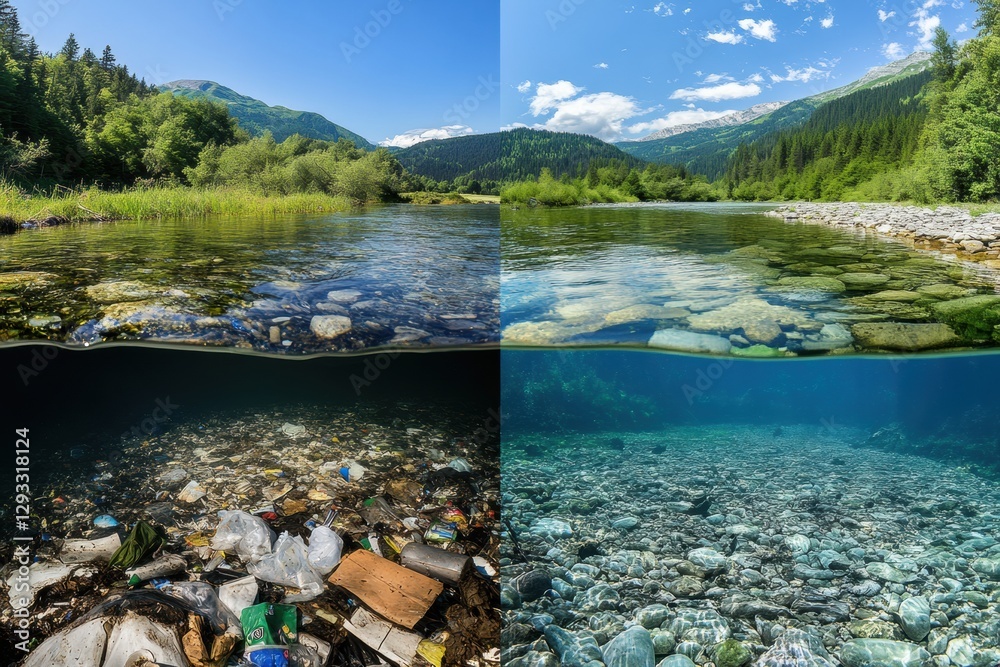 Poster contrasting polluted river with trash and clear water stream highlighting environmental issues. gene