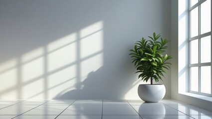 Minimalist Interior with Potted Plant on Glossy White Tiled Floor, Geometric Window Shadows and Natural Light in Serene Space, Generative AI