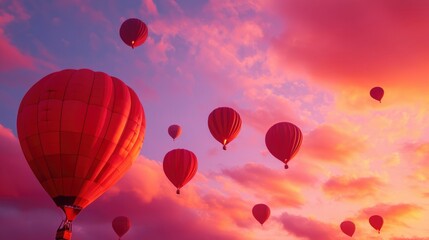 Fototapeta premium Red hot air balloons soar at vibrant sunset