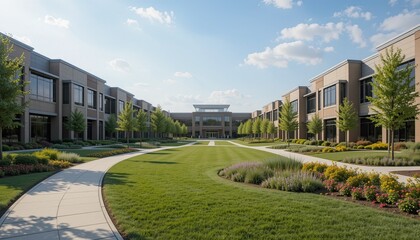 A recently constructed business park featuring walking trails and beautifully planted gardens