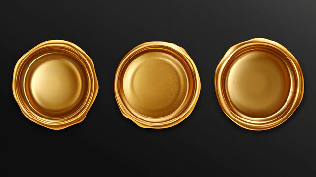 Gold wax seal stamp approval sealing. Quality guarantee blank retro postal label, royal insignia for letter or document isolated on transparent background. Realistic 3d vector illustration, icons set