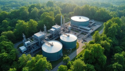 Aerial view of biofuel plant surrounded by green forest. Green eco energy concept. Sustainable energy industry, biogas production, waste recycling, storage tanks, metal construction, landscape from