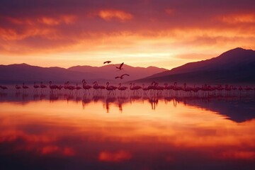 Obraz premium Flamingos wading in lake at sunrise with mountain backdrop
