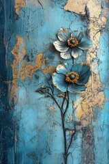 Turquoise Rust. Stunning Painting of Flowers on Table with Gold and Dark Blue Color Palette