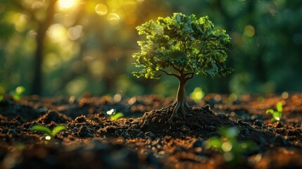 Young tree growing in fertile soil at sunrise. Sunlight highlights the new growth.