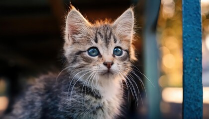 Endearing Feline Waits for Forever Home Captivating Street Kitten Basking in Warm Shelter Light, Awaiting Adoption among Colorful Urban Backdrop.