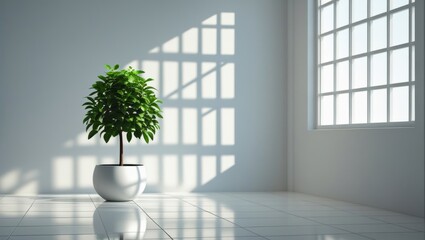 Minimalist Interior with Potted Plant on Glossy White Tiled Floor, Geometric Window Shadows and Natural Light in Serene Space, Generative AI