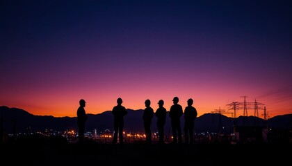 Naklejka premium Silhouetted workers at industrial site at sunset