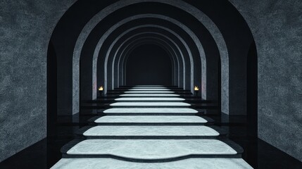 Obraz premium A dimly lit corridor featuring arches and shadows, leading to an unknown destination, evoking a sense of mystery and depth.