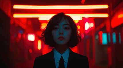 Obraz premium Woman in suit stands under neon lights in urban nightscape