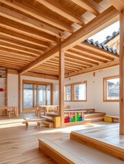 A wooden interior features a simple design with traditional details