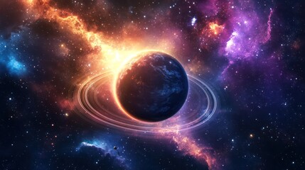 Ringed planet in vibrant nebula, cosmic background, science fiction art