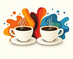 Artistic coffee cups on colorful abtract background Colorful coffee cups with steam, symbolizing warmth and comfort, perfect for coffee lovers.