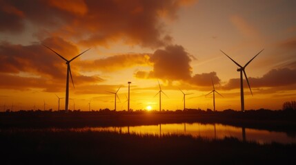 Obraz premium Wind Turbines at Sunset Reflecting in Calm Water