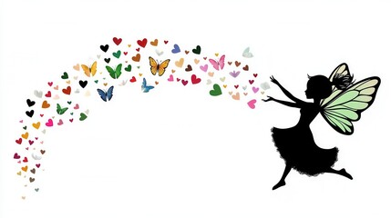 Colorful Magical Creature Silhouette with Hearts and Butterflies