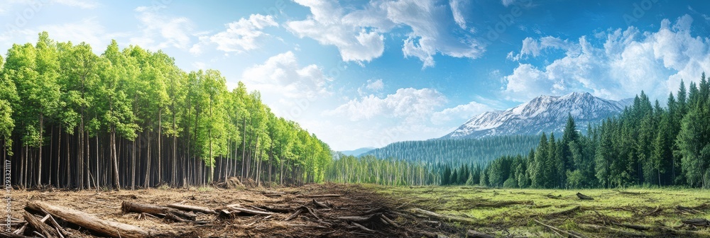 Wall mural contrast of deforestation and thriving forest highlights nature conservation efforts in diverse land