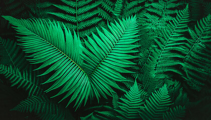 Ultra Green Jungle Background Nature Image with a large fern leaf, small plants and lush foliage; abstraction beautiful backdrop for design
