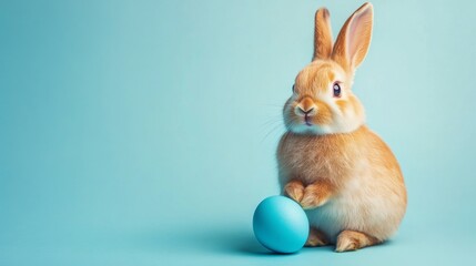 Obraz premium Adorable white easter bunny with blue painted egg on soft pastel blue background, festive spring holiday theme, cute rabbit symbolizing easter celebration, seasonal decoration and easter greeting card