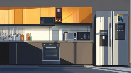 Kitchen furniture, elements set for interior creating, cartoon vector illustration. Modern refrigerators with electronic display, metal handles, magnet and note, microwave oven and cooker hood