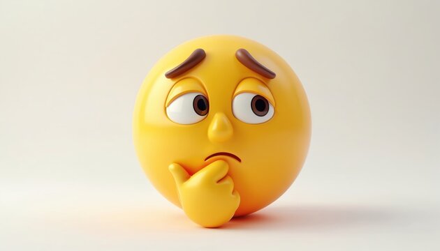 Puzzled 3D emoji with thoughtful expression. Thinking face emoticon with hand on chin. Mood expression represents confusion or pondering, graphic resource for social media platforms.