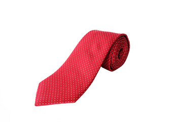Classic red polka dot necktie isolated on white background.
