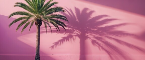 Obraz premium Leafy green palm tree casts a shadow on a pink wall