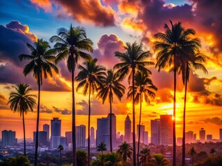 Obraz premium Silhouetted Palm Trees at Sunset, Urban Exploration Photography
