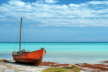 Varadero Beach Scene: Sailing Boat in Tranquil Waters of Caribbean Cuba