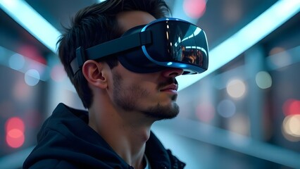 Man Wearing VR Headset in Futuristic Setting, Virtual Reality Tech, Immersive Scene