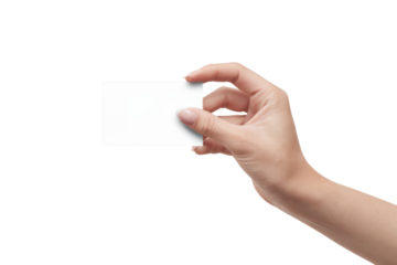 hand holding blank business card on white background