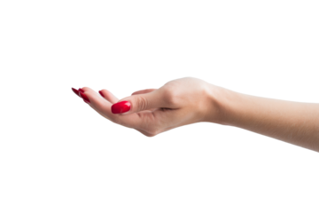 outstretched hand with red nails on white background