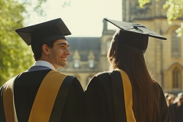 A scene of proud graduates with their backs to the camera, smiling as they stand in front of a university building.