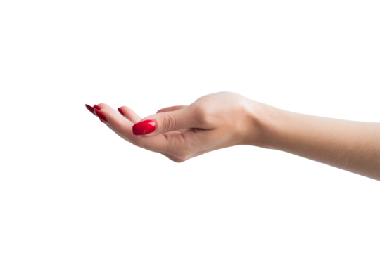 outstretched hand with red nails on white background