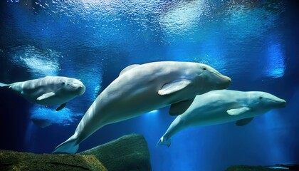 Majestic Belugas Swim Gracefully in a Luminous Aquatic Haven, Showcasing their Playful Interaction and Enchanting Whiteness amidst the Crystalclear Waters of an Arcticlike Sanctuary