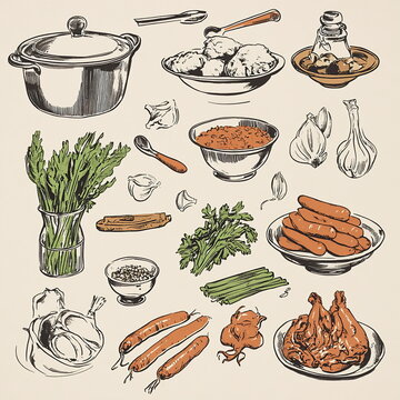 Ingredients laid out for a hearty stew preparation with vegetables, spices, and herbs on a kitchen table