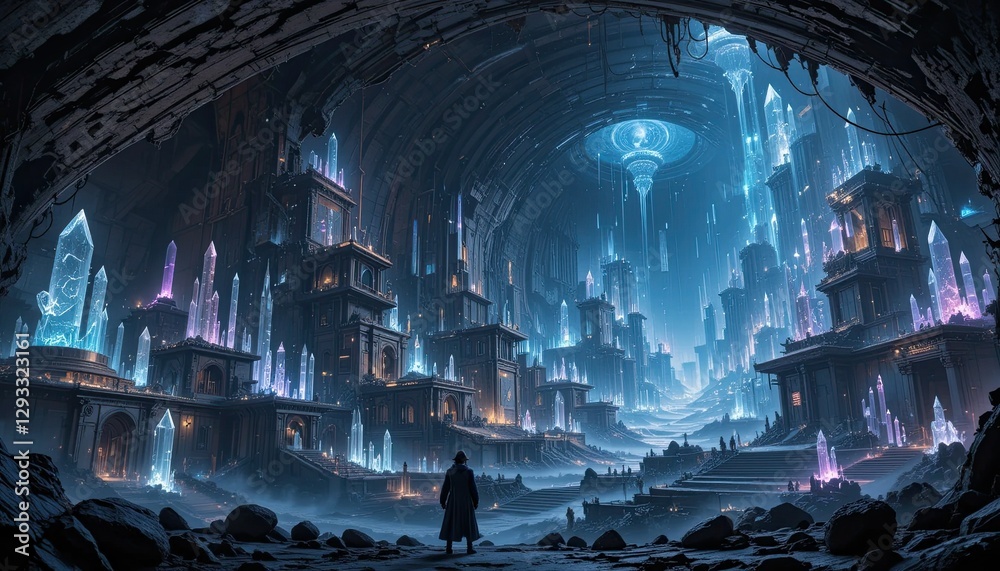 Poster a huge subterranean metropolis with light-emitting crystals.